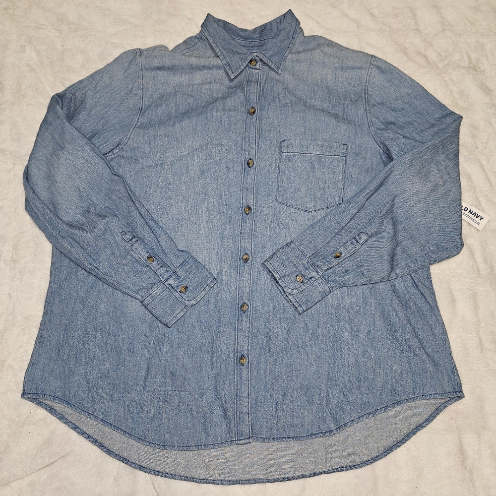 Old Navy Light Blue Chambray Top Tunic Blouse Casual Shirt Size XL Butter Mom
